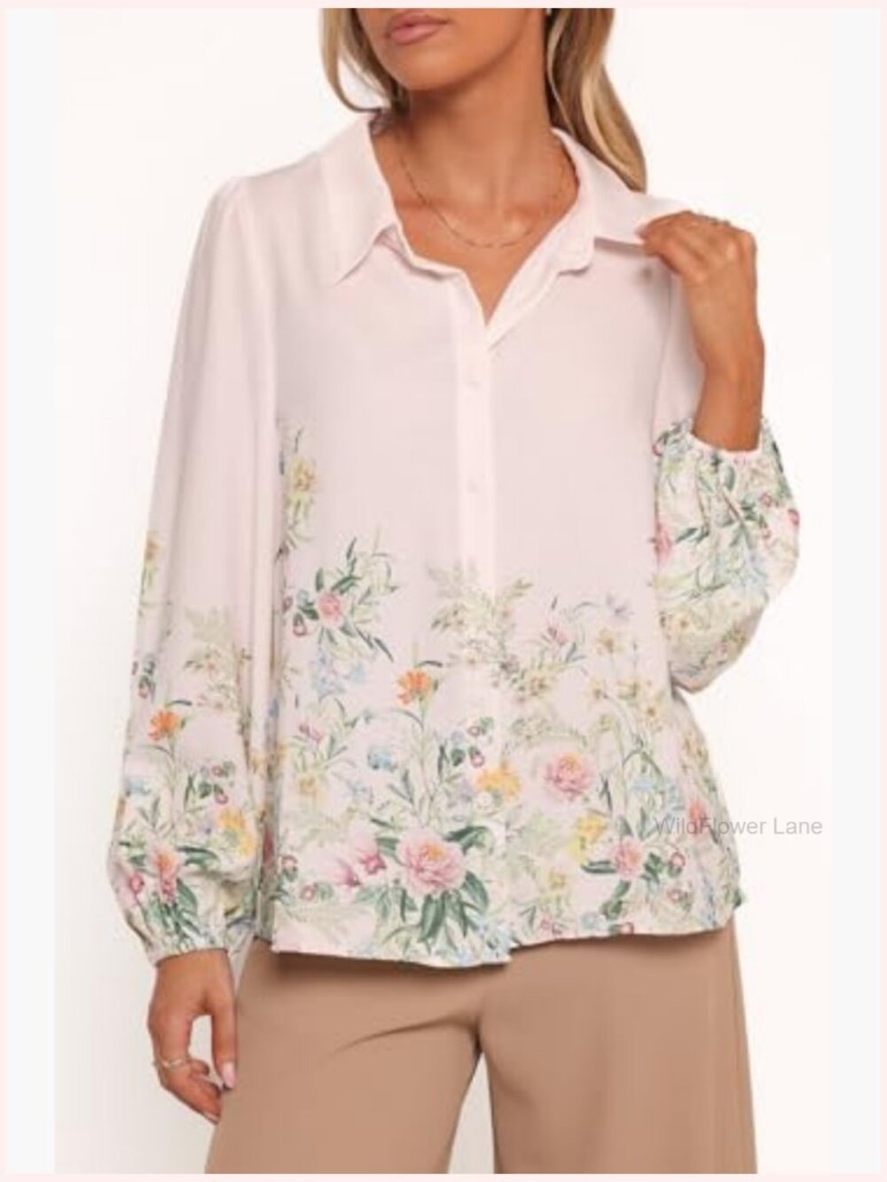 Women's Button Down Blouse Long Sleeve Floral Puff Sleeve Linen Blend - Picture 4 of 4
